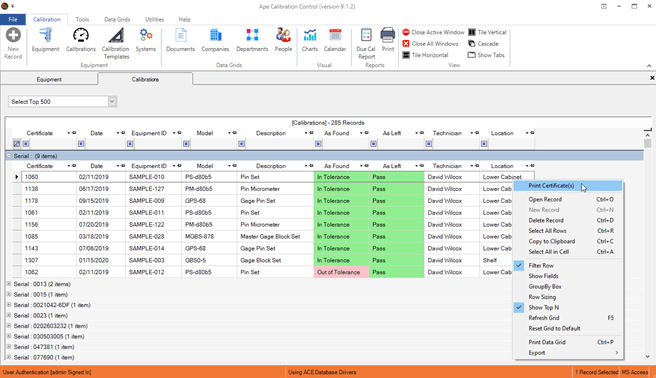 Calibration Management Software Print Calibration Certificate Feature