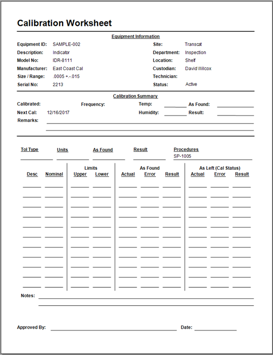 Blank Calibration Worksheets