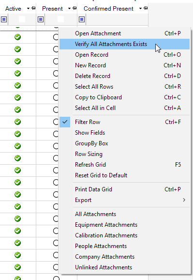 Attachments Grid Context Menu Verify Exist Present