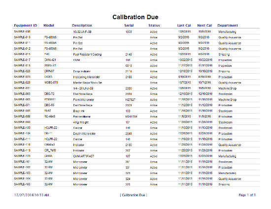 Sample Calibration Due Report