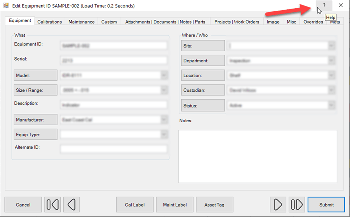 Help icon Equipment Dialog