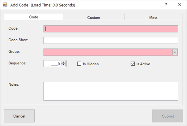 Edit Code Dialog: Code Tab