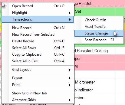 Status Change in Equipment Grid Context Menu Transactions