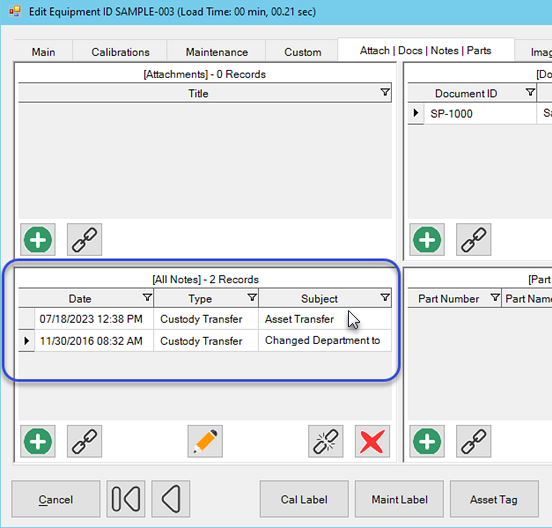 Asset Transfer Historical Notes Activity Equipment Dialog