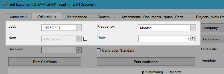 Equipment Calibration Frequency