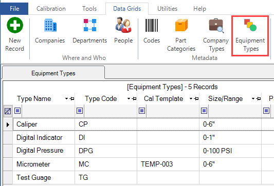 Equipment Types Ribbon Menu