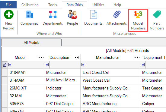 Model Numbers Grid Ribbon Menu