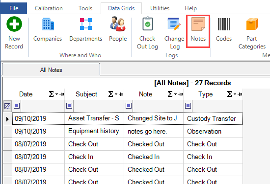 Notes Ribbon Menu Data Grids Tab