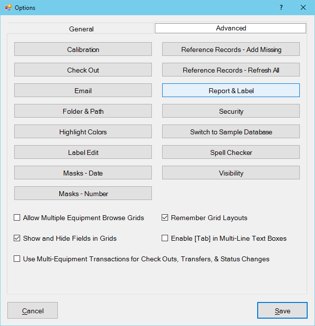 Program Options Advanced Tab Reports Labels