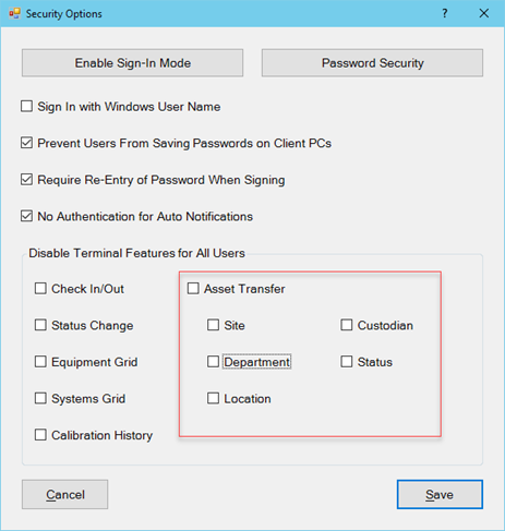 Asset Transfer Terminal Mode Security