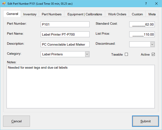 Part Numbers Dialog General Tab