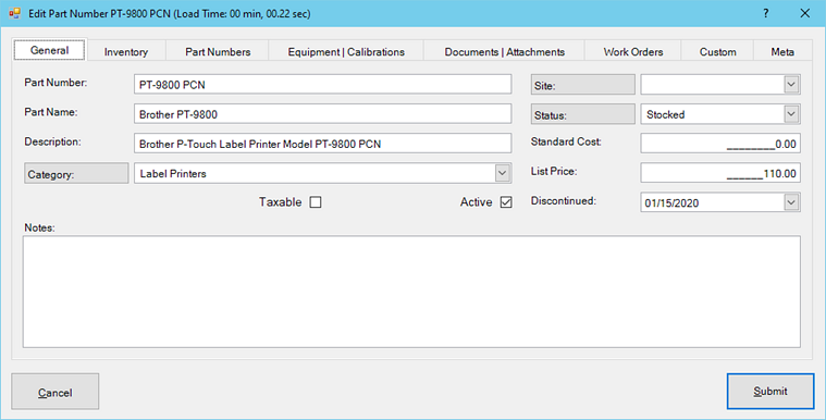 Part Numbers Dialog General Tab