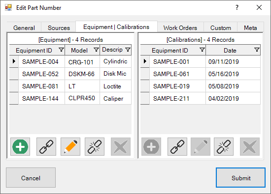 Part Numbers Equipment & Calibrations