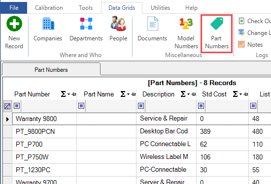 Part Numbers Grid