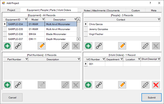 Equipment/People/Parts/Work Orders