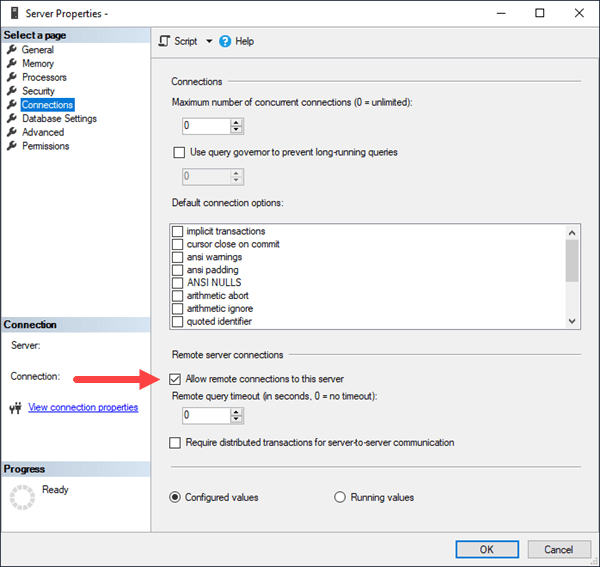 SSMS server properties - Connections