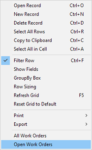 Work Orders Grid Context Menu