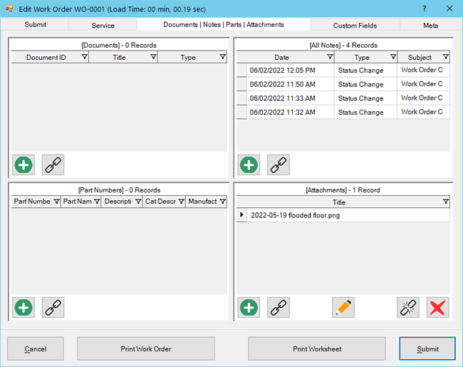 Work Order Documents/Notes/Parts/Attachments Tab